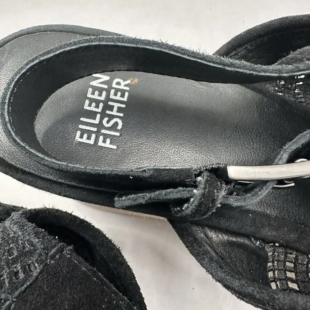 Eileen Fisher Espadrille Sandals 9 Aura Black Suede Mesh Slingback Wedge Shoes
